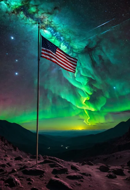 Grim reaper standing next to flag pole (((us flag:1.2) stars and stripes:1.2)) blowing softly in tge wind, overlooking desolate ((volcanic)) valley, (Illuminati:1.1), (immense detail:1.2)), (deep space, deep galactic travel background),Dark and eavil glow, glow neion paint, dark, surrealism, defined sharp edges, mystical, (multi-dimensional:1.2), psychedelic art