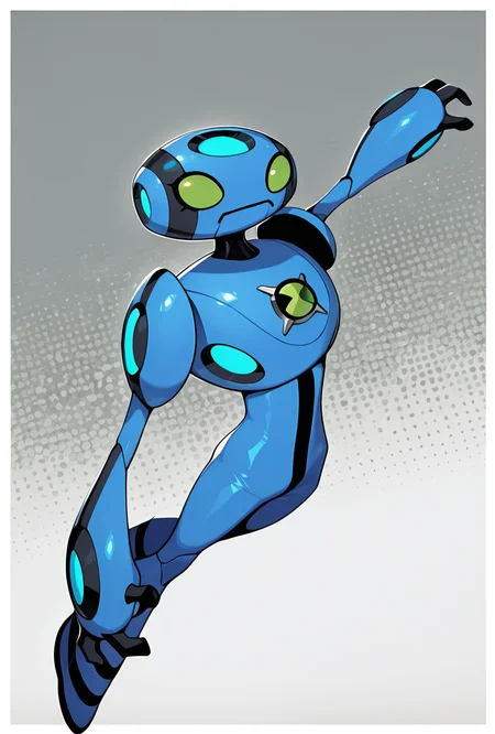 <lora:ulteco-10:1> ulteco, pokemon (creature),blue robot, green eyes, closed mouth, dynamic pose,, masterpiece, best quality, amazing quality, very aesthetic, absurdres, newest,, upper body, halftone effect, white borders, abstract background:1.2,