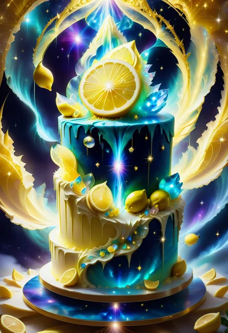 a lemon cake surrounded with golden stardust and golden mist, detailed with lemon pieces, golden glow behind, detailed with blue aura quartz by jed-auraquartz,, stardust