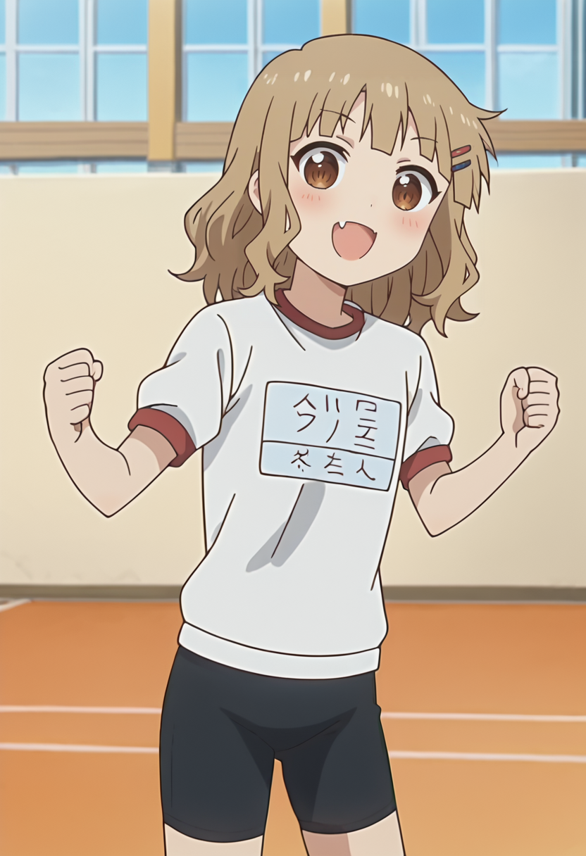 score_9, score_7_up, hd, (ultra hd quality details), source_anime, indoors,
solo, 1girl, oosaku, hairclip, fang, anime screencap, 
gym uniform, gym shirt name tag, bike shorts,
looking at viewer, blush, smile, open mouth, 
standing,
 <lora:_sakurako_oomuro-elesico-pony-e07:1>