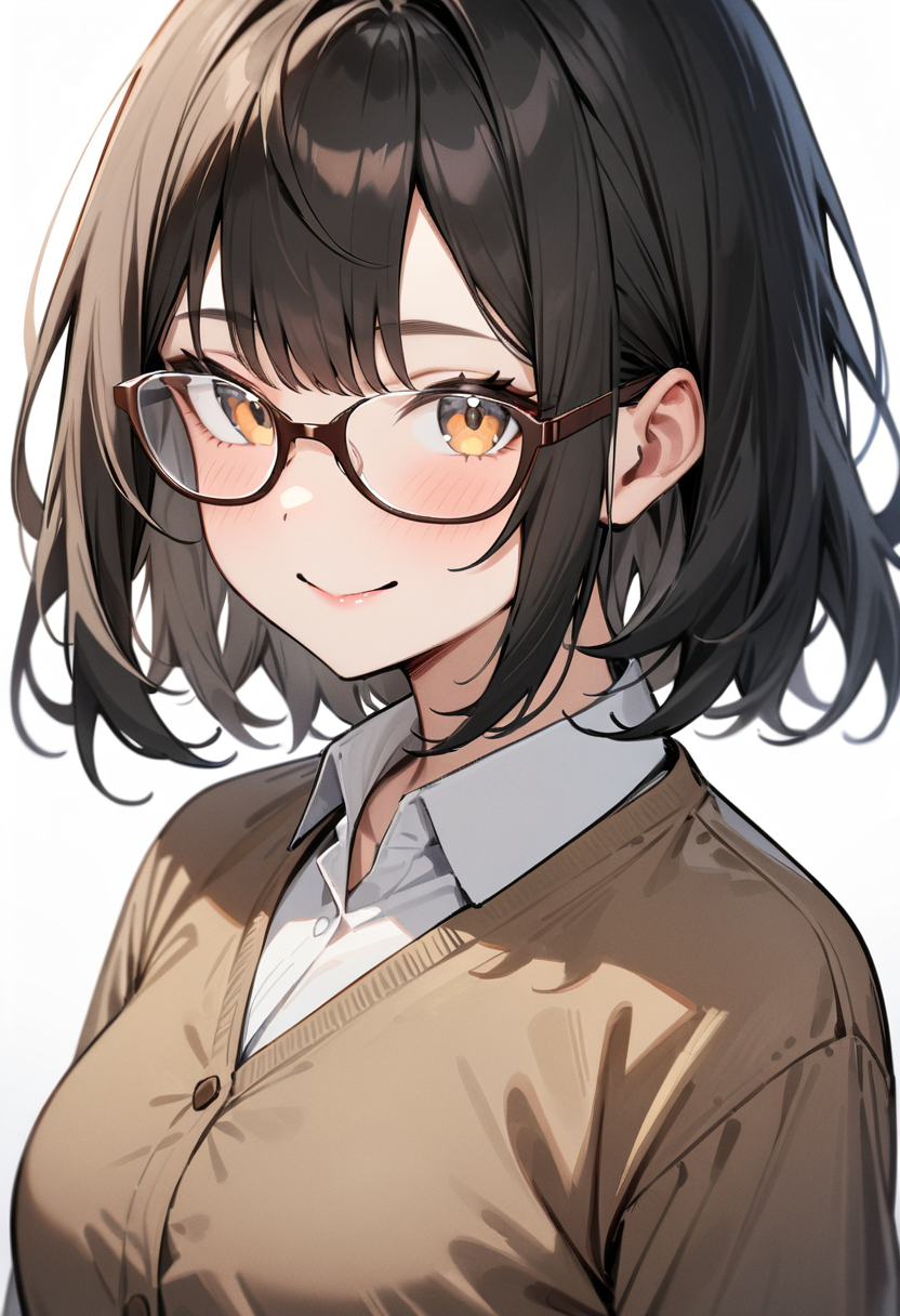 masterpiece, best quality, very aesthetic, absurdres,
1girl, solo, underrim_cell, glasses, black hair, medium hair, smile, looking at viewer, white background, upper body, collared shirt, brown_framed eyewear, 
 <lora:under_rim_glasses_cell-frame_SDXL_V1:0.4>