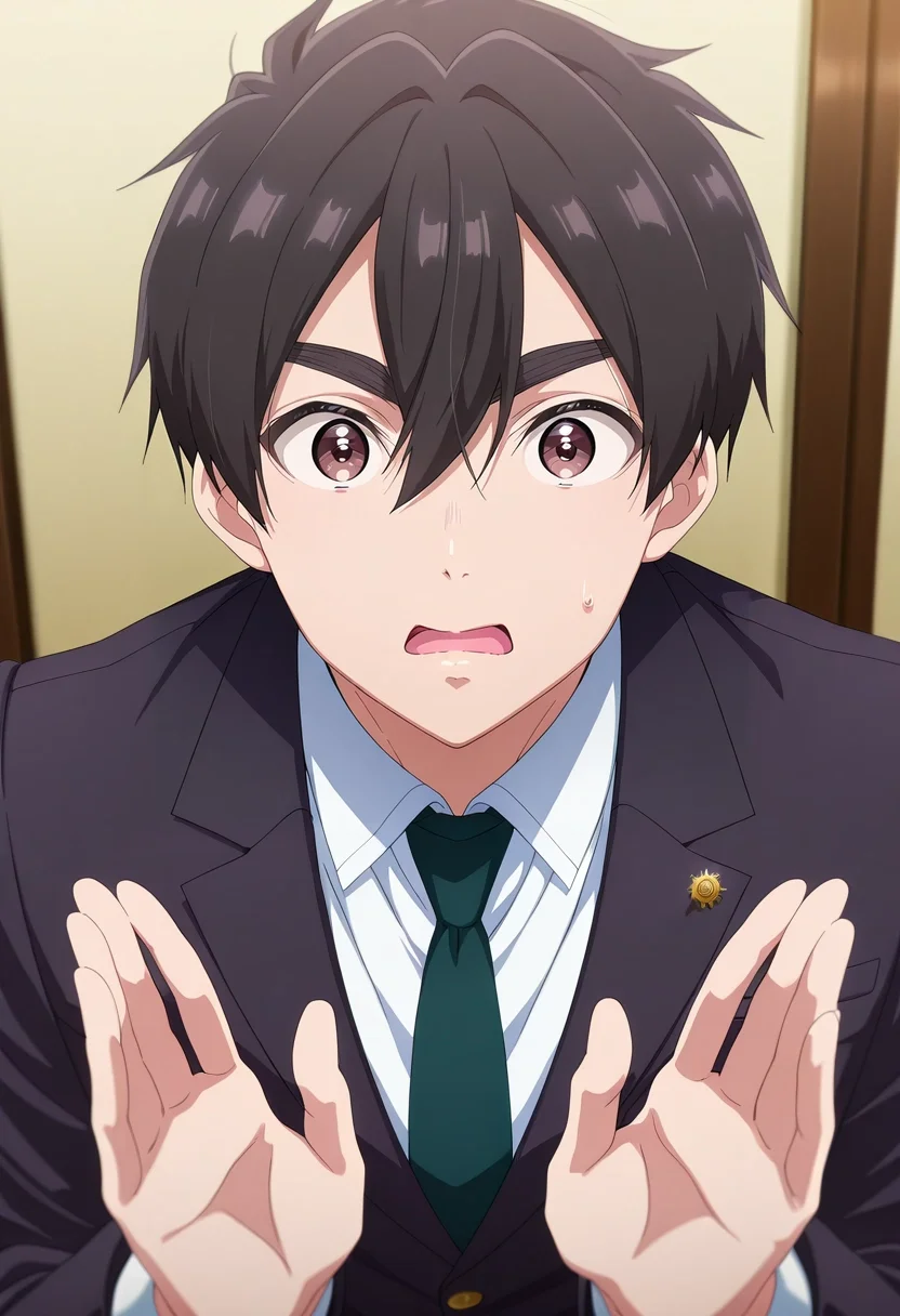 masterpiece, best quality, intricate details, anime screencap, anime coloring, official style, looking at viewer, 1boy, solo, male focus, <lora:rentarou_aijou_ilxl:1>, rentarou_aijou, black hair, brown eyes, short hair, hair between eyes, bangs, eyes wide, hands raised, surprised expression, standing pose, bright colors, gangster costume