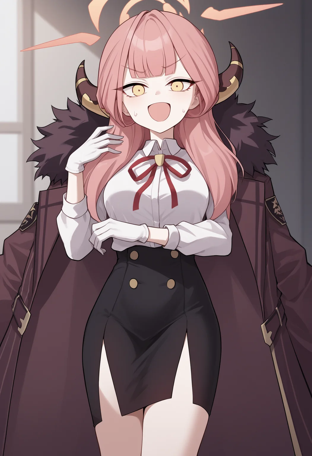 score_9, score_8_up, score_7_up, source_anime, radef, yellow eyes, pink hair, blunt bangs, horns, halo, neck ribbon, red ribbon, white shirt, long sleeves, coat on shoulders, fur-trimmed coat, gloves, white gloves, black skirt, high-waist skirt, pencil skirt, breasts, wide-eyed, smile, open mouth, surprised, sweat, v-shaped eyebrows, cowboy shot, looking at viewer<lora:RikuhachimaAruPonyXLv6-20:1>