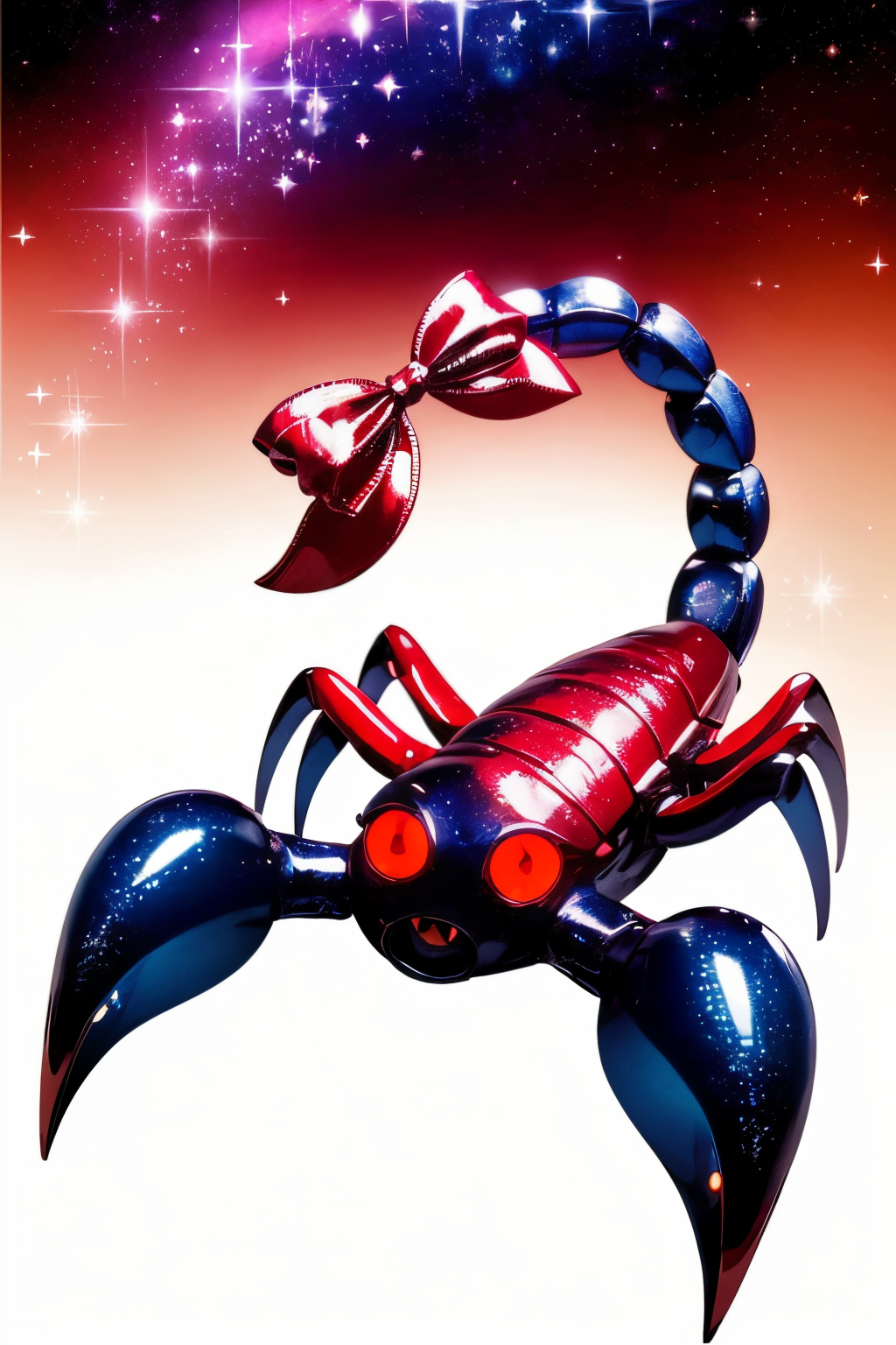 (Realistic:1.5) EdobScorpion, fruit, border, white background, red background, red eyes, glowing eyes, bow, sparkle, star (sky), outdoors, bow,  <lora:EdobScorpionArtistic_v1.0:0.8>