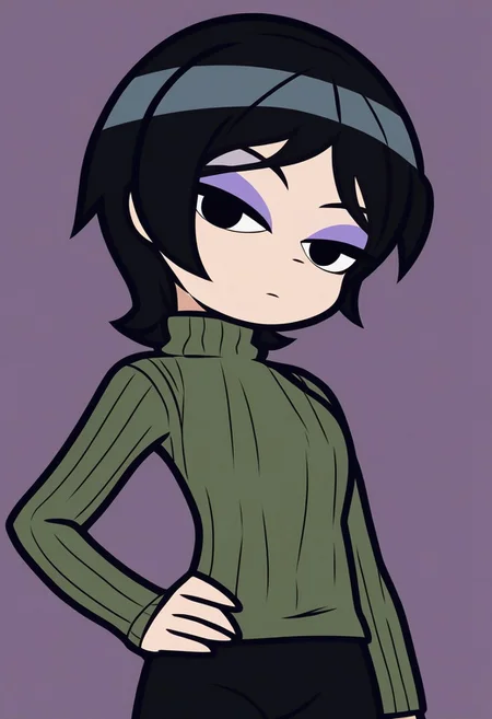 hollieh,
1girl, solo, hand on hip, looking at viewer, head tilt, black hair, short hair, eyeshadow, turtleneck sweater,