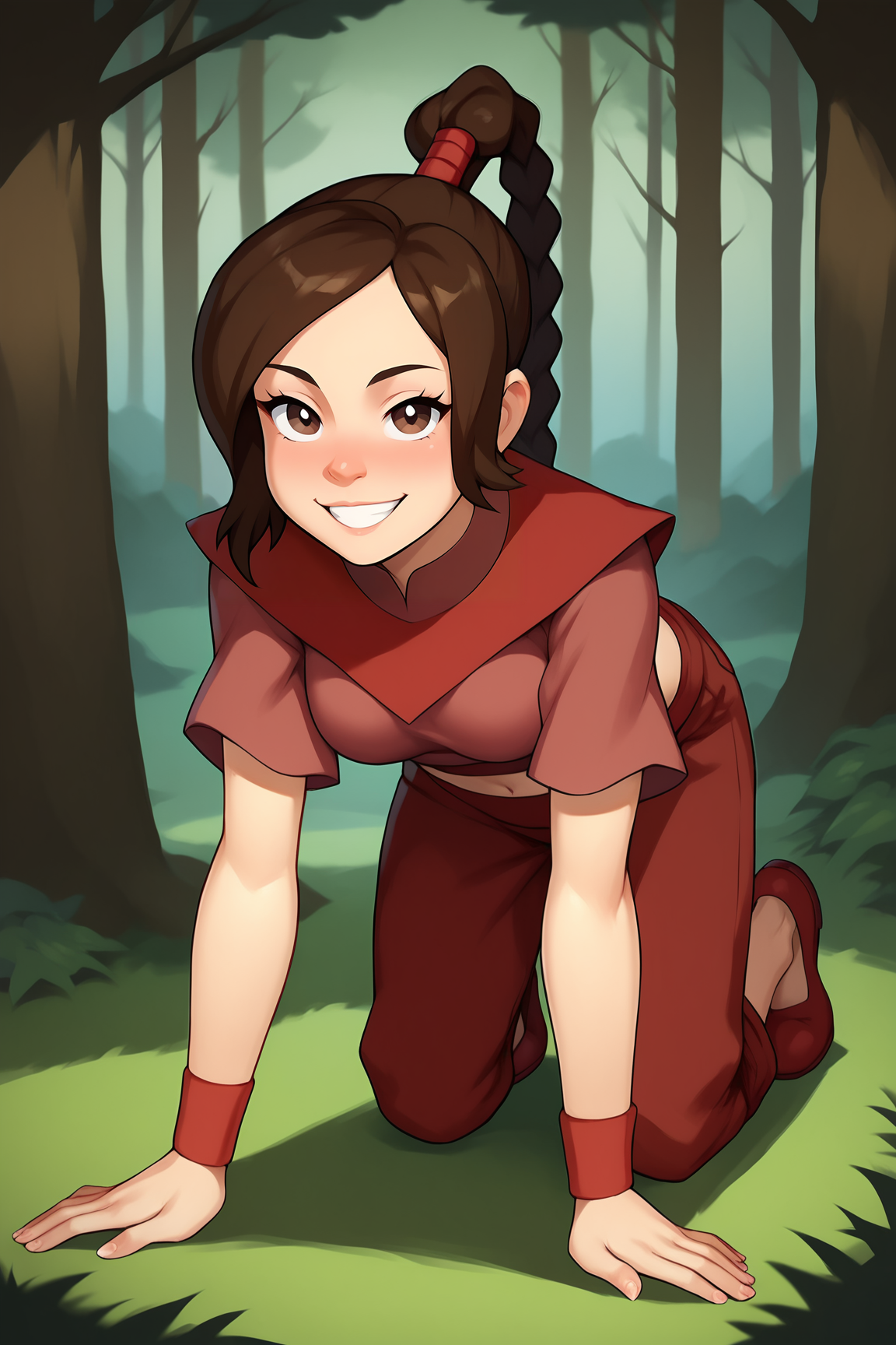 score_9, score_8_up, score_7_up, score_6_up, BREAK, TyLeeAPXL, brown eyes, brown hair, long hair, parted bangs, ponytail, single braid, medium breasts, red midriff, short sleeves, red wristband, red pants, red shoes, solo, full body, all fours, seductive smile, looking at viewer, naughty face, nose blush, forest, tree <lora:TyLeeAPXL:1>