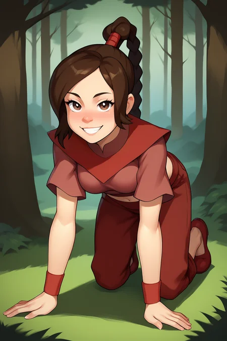 score_9, score_8_up, score_7_up, score_6_up, BREAK, TyLeeAPXL, brown eyes, brown hair, long hair, parted bangs, ponytail, single braid, medium breasts, red midriff, short sleeves, red wristband, red pants, red shoes, solo, full body, all fours, seductive smile, looking at viewer, naughty face, nose blush, forest, tree <lora:TyLeeAPXL:1>