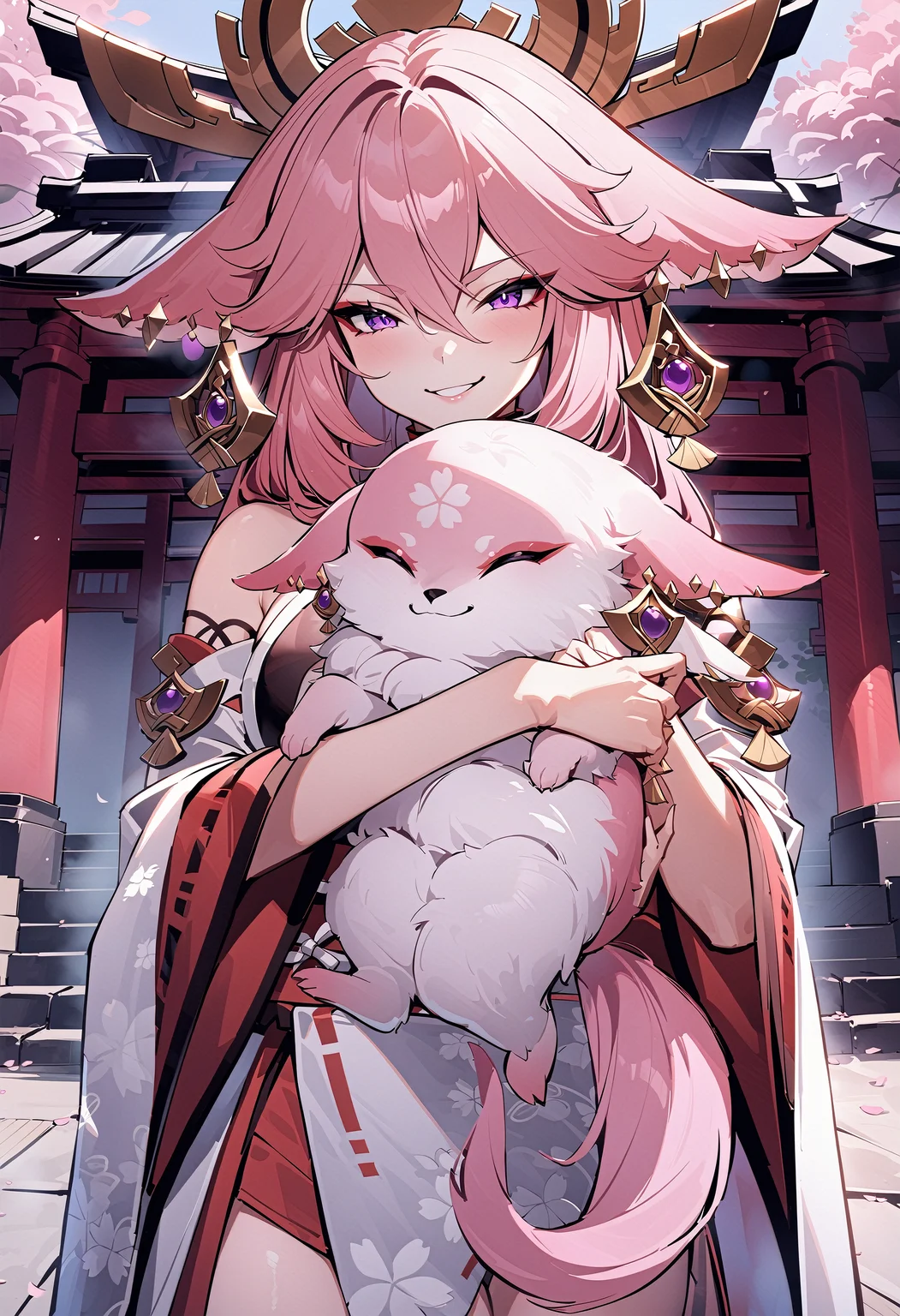 YaeMikoFox, earrings, <lora:YaeMikoFoxXL:1>, smirk, yae miko, holding animal, outdoors, shrine, cherry blossoms, masterpiece, best quality,