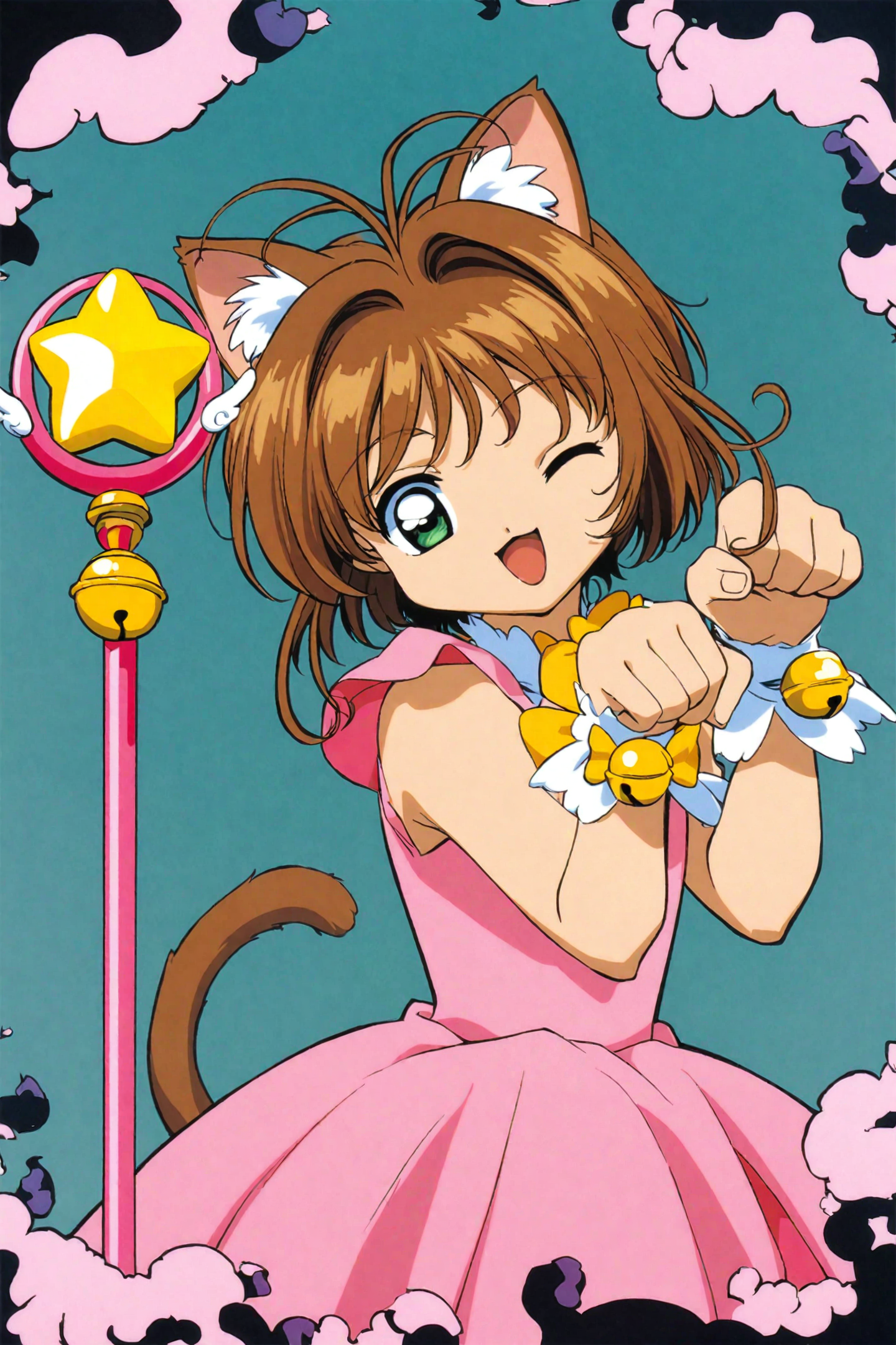 Card Captor Sakura Anime,
1girl,kinomoto sakura,animal ears,one eye closed,cat ears,solo,tail,brown hair,bell,green eyescat tail,magical girl,dress,paw pose,short hair,smile,open mouth,1990s (style),retro artstyle,;d,jingle bell,wand,looking at viewer,pink dress,antenna hair,
<lora:CLAMP_XL:0.8>,