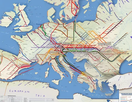 <lora:5ubw4ym4p_SDXL_SGX:1.0>illustration of a 5ubw4ym4p style map of the European Train and transit system, with detailed representation of the train lines and stations, along with air-routes and airports, with national borders and european capitals, thick straight lines color-coded, with different colors representing different types of lines and stations, such as red, blue, green, yellow, orange, and purple. simple white background, highly detailed, sharp focus