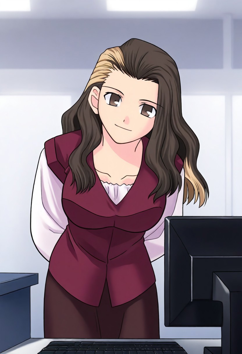 masterpiece, best quality, <lora:Tsukihime NXL:1>,solo,masterpiece, best quality, 
1girl, female focus, large breasts,  solo, brown eyes, brown hair, dark brown hair, black hair, blonde streaks in hair, multi-colored hair, long hair,wavy hair, hair part, side part, hair slicked back, small mouth, short nose, small nose, cute face, 
indoor, office, head tilt, hands behind back, leaning forward, quarter view,  innocent smile, 
computer,