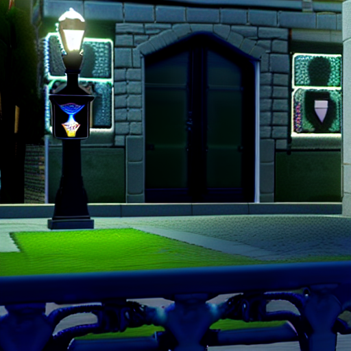 mabi video game, 3d, 3d video game, an open courtyard in front of a building with a tower at night and a path leading to it, white brick walkway, night time, black light post, lit glowing light post, flag on light post, stairs on the left side, sage green railing, trees, green grass,