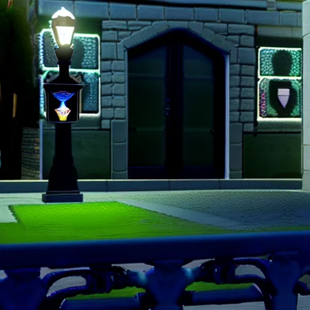 mabi video game, 3d, 3d video game, an open courtyard in front of a building with a tower at night and a path leading to it, white brick walkway, night time, black light post, lit glowing light post, flag on light post, stairs on the left side, sage green railing, trees, green grass,