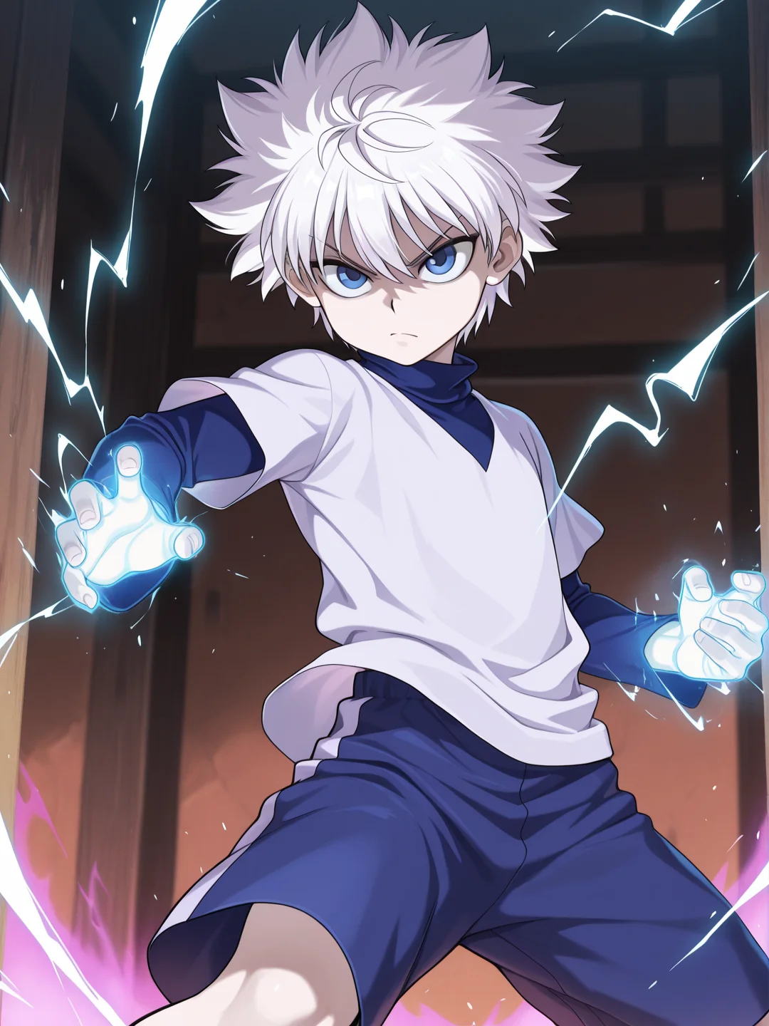 masterpiece, best quality, amazing quality, 1boy, solo, <lora:IlluKillua:1> illukillua, white hair, blue eyes, blue shorts, turtleneck, short over long sleeves, annoyed, spiked hair, aura, electricity, fighting stance, glowing,