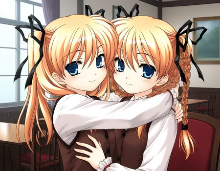 general,highres, ultra-detailed,very aesthetic,best quality ,best hands, BREAK <lora:Itsukiï¼Imi_IS:1>ãItsukiï¼Imi, multiple girls, 2girls, blonde hair, twins, siblings, blue eyes, twintails, braid, ribbon, BREAK,
sisters, twin braids, hair ribbon, long hair, chair, brown vest, hug, upper body, shirt, smile,
