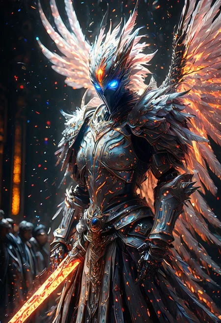 "Amidst a whirlpool of pastel colors, a grand robotic phoenix ascends from the darkness. A samurai warrior, captured in the midst of an aerial dance, is set against a captivating backdrop of intricate celestial threads. The scene is framed by a striking contrast of Neo-Futuristic Mosaic art and Ethereal Chimera, with an obsidian vascular network and limbs devoid of scales that appear to suspend disbelief. A geometric face and the shimmer of nanotech details are highlighted by the interplay of gray and prismatic light, while vibrant hues emanate from the elemental mage's staff.f. Widescreen composition and 12k resolution capture every detail of this radiant, chiaroscuro-lit world."