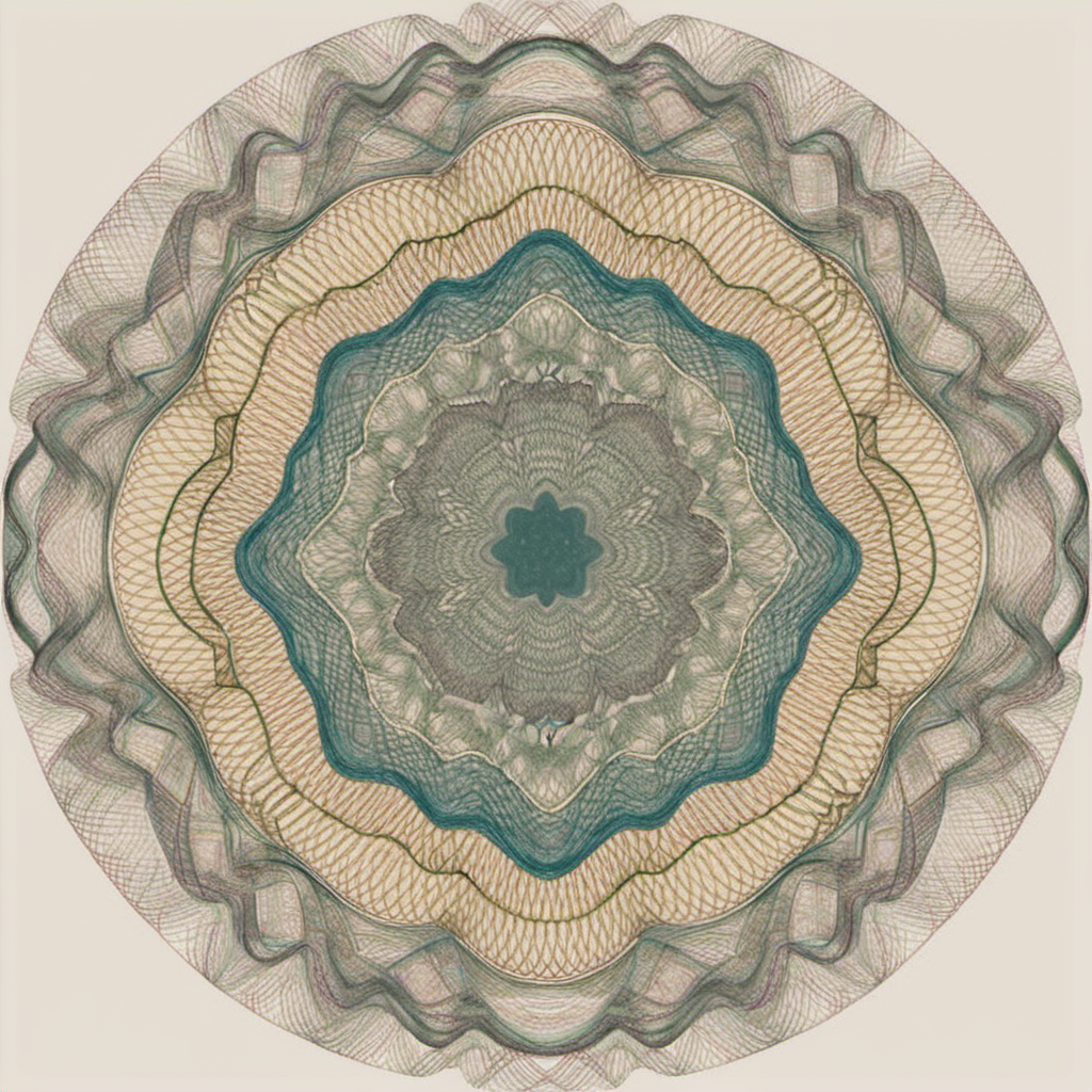 <lora:cx_V0:1>,The design consists of multi-layered geometric shapes that radiate symmetrically from the center,forming intricate patterns. The patterns should feature gradually changing lines,which can be straight,wavy,or spiraled. Please use a harmonious color palette,predominantly cold tones. The entire image should evoke a sense of meditation and relaxation,akin to a finely crafted mandala or a meticulous currency security thread pattern,successive orderly beautifulmeticulous Bessel curve of money,cline,monochrome,
