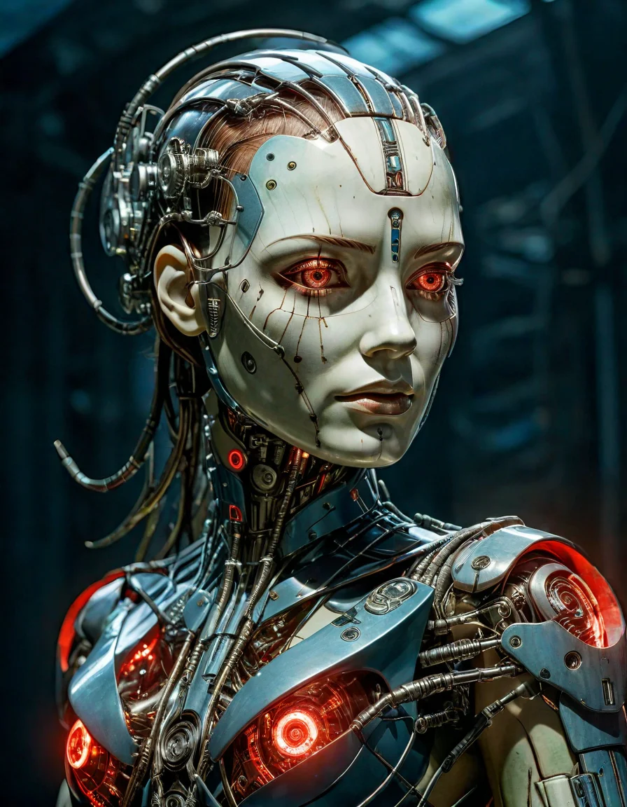 sublime ancient illustration of (cyborg, cybernetic, machine) female middle-aged, glow, magical light, high contrast, HDR. Red, green, blue, white, predating human civilization. crude and simple, but also surprisingly beautiful artwork, made by genius primeval artist. best quality, high resolution