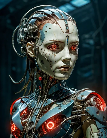 sublime ancient illustration of (cyborg, cybernetic, machine) female middle-aged, glow, magical light, high contrast, HDR. Red, green, blue, white, predating human civilization. crude and simple, but also surprisingly beautiful artwork, made by genius primeval artist. best quality, high resolution