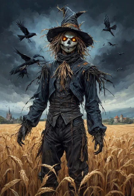 highly detailed linework reminiscent of Carne Griffiths, (scarecrow:1.7), (crows:1.4), imbued with Wadim Kashim's bold color and texture, light and airy as Carl Larsson's compositions, dark background, dark, evil, castle, fire, featuring Pascal Blanche-style hyper realistic characters, pastel, elegance, dramatic lighting, expressive camera angle, matte, concept art, corn field