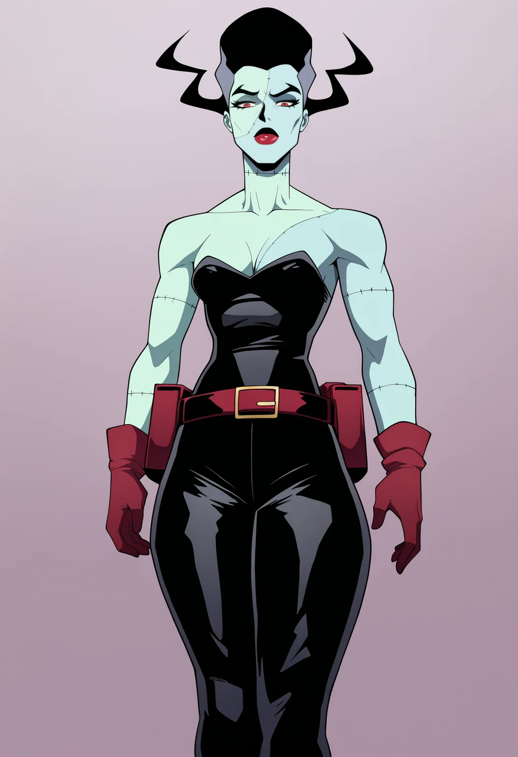 best quality, amazing quality, very aesthetic, absurdres,
1girl, thebride, black hair, red eyes, red lips, colored skin, stitches,
gloves, belt, cleavage, black pants,
bare shoulders, black dress,
solo, looking at viewer, simple background, white background, <lora:TheBrideNoobXL_byKonan:1>
