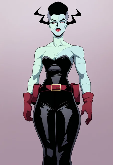 best quality, amazing quality, very aesthetic, absurdres,
1girl, thebride, black hair, red eyes, red lips, colored skin, stitches,
gloves, belt, cleavage, black pants,
bare shoulders, black dress,
solo, looking at viewer, simple background, white background, <lora:TheBrideNoobXL_byKonan:1>