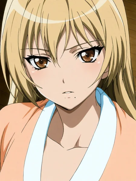 masterpiece,high score,great score,absurdres,solo,anime coloring,looking at viewer,portrait,<lora:RikoIchinose hassakuill30:1> rikoichinose, blonde hair, long hair, brown eyes, mole under mouth,pajamas,