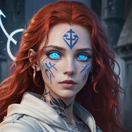 bright red hair, human female, (feminine:1.7), (beautiful face, detailed face:1.6), (beautiful eyes, detailed eyes:1.7), (looking at viewer, eye contact, intense:1.6), (long hair, red hair, curly hair:1.3), , ((masterpiece, best quality, high resolution, realistic, best quality,)), photo realistic, Perfect Face, (detailed face). <lora:GoodHands-vanilla:0.6> <lora:add-detail-xl:0.8>, mage, (Dress White military uniform coat), dagger, rune dagger, glowing runes, , (((glowing magic symbols tattoos, religious tattoos))), ((face tattoos)), glowing tattoos, stone tower in the background