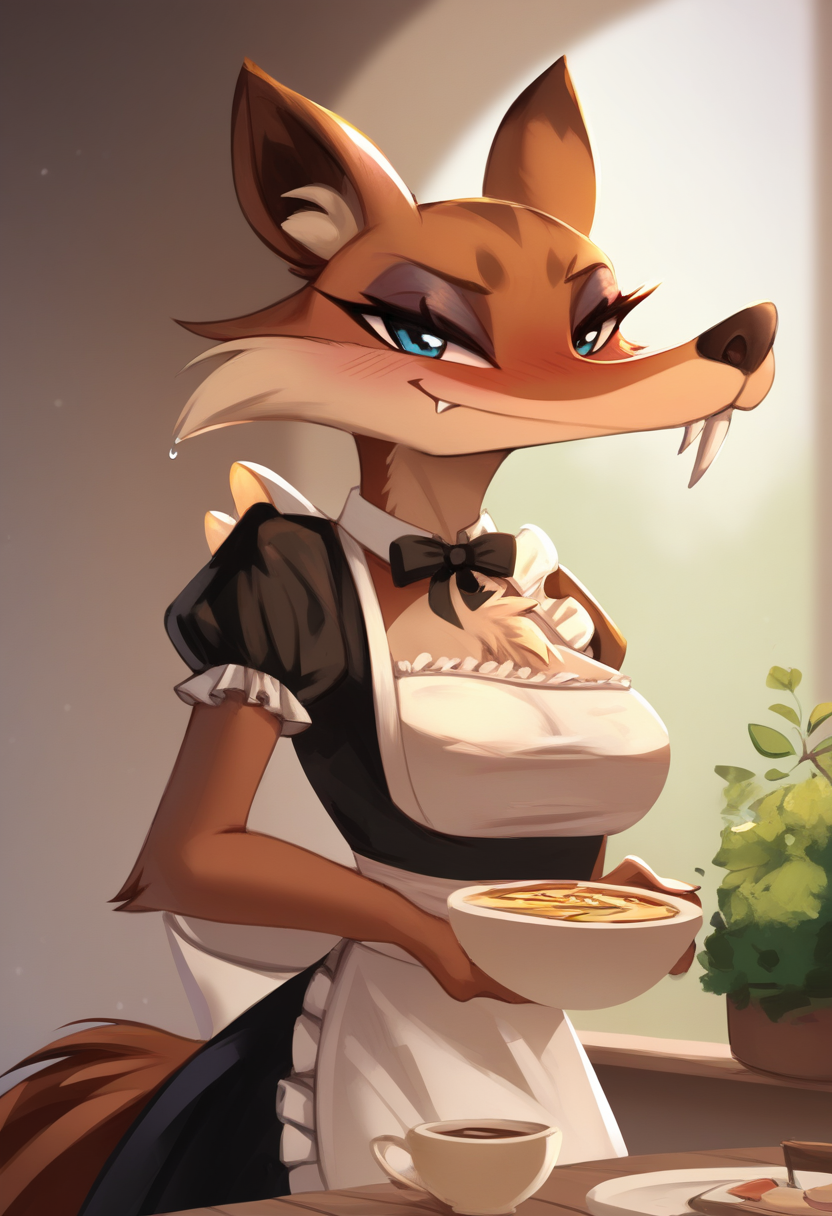 zPDXL, score_9,score_8_up,score_7_up,_up,source_cartoon, best quality, amazing quality, masterpiece, 1girl, looking at viewer, solo, wet, blush, maid, sexy maid outfit, indoor, kitchen, plant in the pot, diner, smug, fullbody,<lora:Scratte:0.8>, scratte, fangs, saber-toothed, blue eyes, red-brown fur, sana!rpg,  <lora:sana!rpg:1.2>