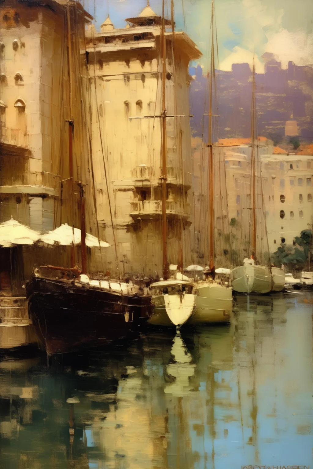 <lora:Konstantin Korovin Style:1>Konstantin Korovin Style - oil painting of a beautiful yacht haven in monaco. Muted colors. Artwork by Abbott Handerson Thayer.