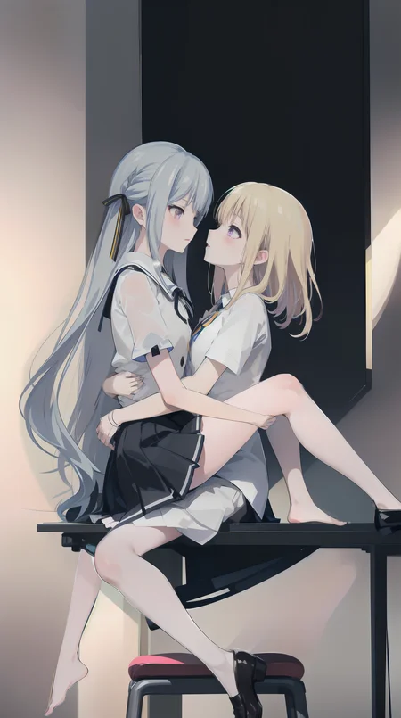 best quality,masterpiece,absurdres,two female,
upright straddle,
looking at another,bare legs,yuri,PIXIV,white background,
(blush:1.2),embarrass,shy,
ADDCOMM,
<lora:char-mygo_丰å·ç¥¥åtogawa_sakiko_bangdreamitsmygo:0.7:lbw=1,0,0,0,0,0,0,0,1,1,1,1,0,0,0,0,0>,(hair_ribbon:1.1),togawa_sakiko_bangdreamitsmygo,人-mygo-mygo_丰å·ç¥¥åtogawa_sakiko_bangdreamitsmygo,
yellow eyes,long_hair,ribbon,bangs,black_ribbon,sidelocks,light blue hair,black neck ribbon,sitting on another's thighs,white collared shirt,buttons,frilled shirt,miniskirt,flat chest,
ADDCOL,
<lora:char-mygoä¸è§åè¯ Misumi Uika (Bang dream! Ave Mujica):0.7:lbw=1,0,0,0,0,0,1,1,1,1,1,0,0,0,0,0,0>,
misumi uika,bright blonde hair,purple eyes,hands on another's waist,sitting on chair,
shoulder length hair,white shirt,miniskirt,black_loafers,short sleeves,flat chest,