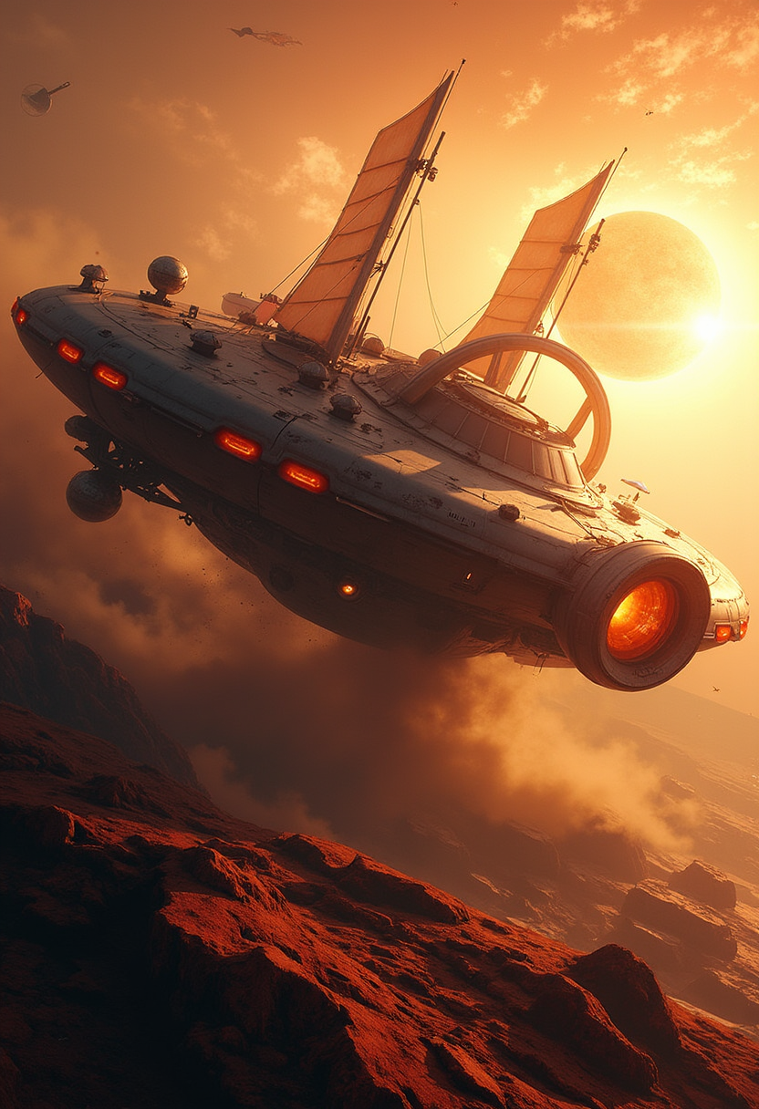 YFG-Rounded A solar sail spaceship with a disc-like hull, ring stabilizers holding shimmering sails, drifting silently through cosmic dust near a distant sun.