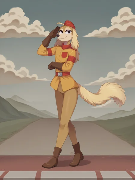 score_6_up, airfield, salute, smile, legs together, full-length portrait, <lora:SgtOFera_PonyXL_prototype:1> sgt_o_fera, tarmac, outside, sky, clouds, b-17 bomber in background, road,