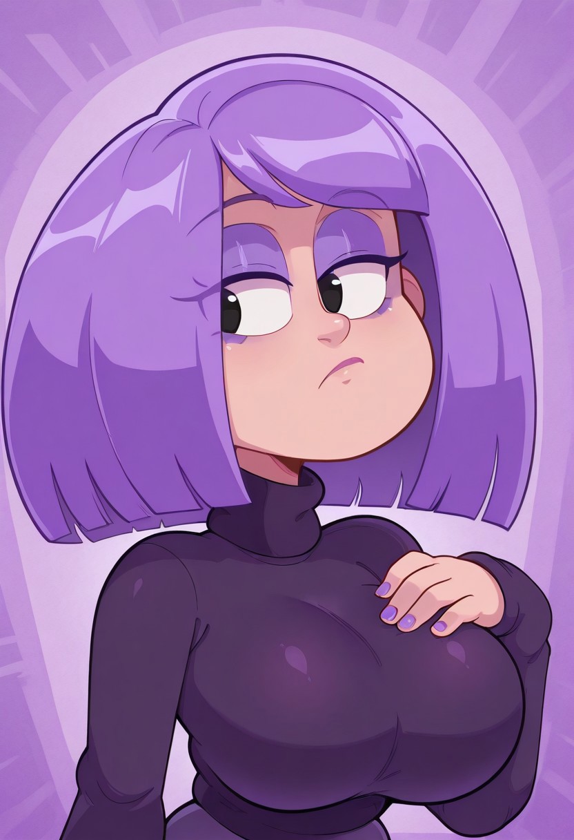 p4n1c3dstyle,   masterpiece, best quality, solo,                                                                                                            , bust shot, large breast, purple hair, black eyes, short hair, long sleeves, dark purple sweater, turtleneck, purple eyeshadow, purple nails, make up,  medium hair, bangs,  hair, purple eyeliner
