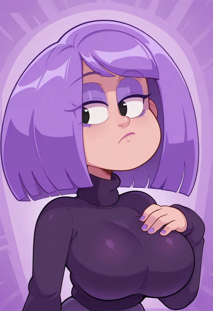 p4n1c3dstyle, masterpiece, best quality, solo, , bust shot, large breast, purple hair, black eyes, short hair, long sleeves, dark purple sweater, turtleneck, purple eyeshadow, purple nails, make up, medium hair, bangs, hair, purple eyeliner