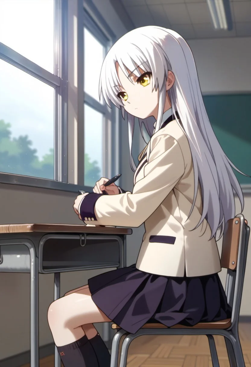 score_9, score_8_up, score_7_up, source_anime, tachibana kanade, white hair, long hair, yellow eyes, 1girl, solo, school uniform, blazer, desk, jacket, sitting, chair, school desk, window, classroom, skirt, pen, socks