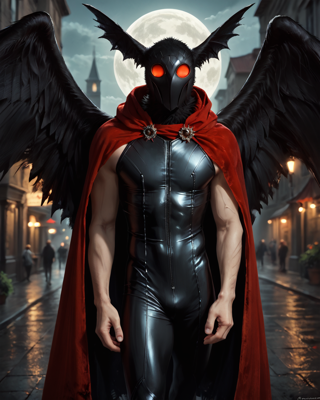 score_9, score_8_up, score_7_up, intricate details, rating_questionable,
<lora:homri52:1>
,
<lora:Mothman:0.8>, 1boy(Mothman, red eyes, black fur, wings, mouthless, looking at the viewer, solo, happy, 
red cloak, sleeveless tight bodysuit), outdoors, at night, darkness
,
highres,
detailed background, depth of field, 
<lora:ral-chrosc-clr:0.5>, ral-chrosc-clr,
<lora:Expressive_H:0.5>, Expressiveh,
<lora:xl_more_art-full_v1:0.3>,
<lora:add-detail-xl:0.3>,