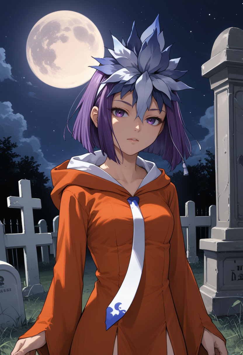 score_9, score_8_up, score_7_up, source_anime, BREAK, solo, 1girl, looking at viewer, <lora:Amane-pdxl_Fp:1>, amanedesu, purple eyes, purple hair, short hair, hair ornament, orange dress, hood, long sleeves, necktie, graveyard, night, moon,