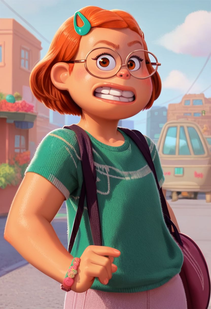 perfect curvy body, casual outfit, 
 score_8_up,score_9, score_7_up, m_l, 1girl, brown eyes, short hair, orange hair, glasses, mint hairpin