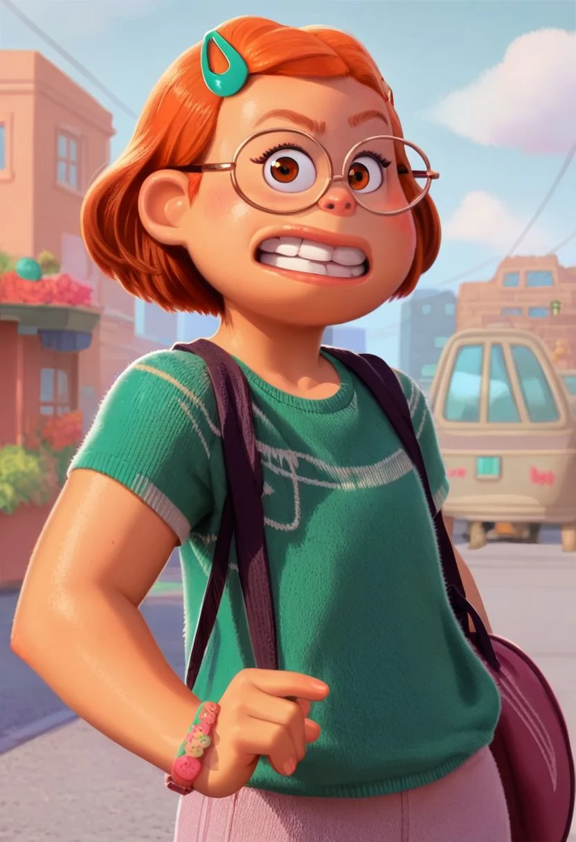 perfect curvy body, casual outfit,
score_8_up,score_9, score_7_up, m_l, 1girl, brown eyes, short hair, orange hair, glasses, mint hairpin