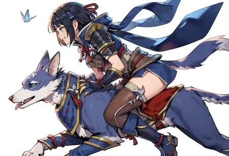 (score_9:0.9),score_8_up,score_7_up,rating_safe,(zPDXL),<lora:kamura armor ponyXL v1:0.76>,1girl,black hair,short hair,smile,fishnet thighhighs,riding,blue scarf,blue gauntlets,white background,simple background,kamura armor,felyne,canyne,from side,black shoulder armor,blue knee boots,blue headband,clothed animal,