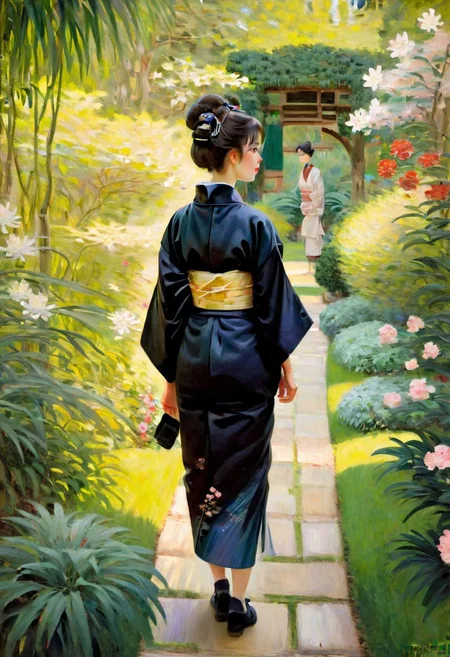 best quality, quality, masterpiece, a young japanese woman with blunt bangs and long dark hair in a bun adorned with simple hair accessories walks through a garden wearing a black kimono in a monochromatic color palette with a big obi ,negative_hand,monet,by gustavklimt,painting,back to the viewer,japanese style garden,ukiyo-e aesthetics