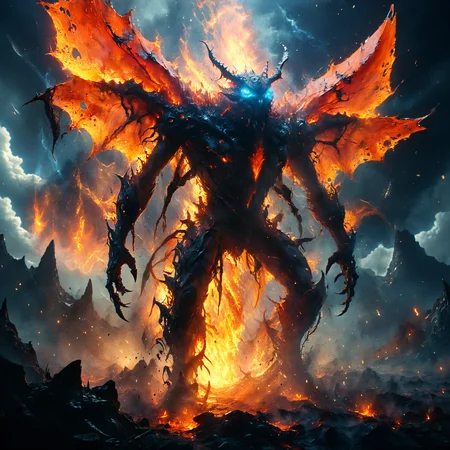 tempestmagic towering insectoid monstrosity, Volcanic calderas aglow with fiery magma,,, Spotlighting, bl4ckl1ghtxl, sharp focus, glowing, scifi subreddit<lora:Tempest_Magic_-_XL_Grimoire:0.8> <lora:Lost_In_Dreams:0.6> <lora:MJ52:0.4> <lora:bl4ckl1ghtxl:0.7>