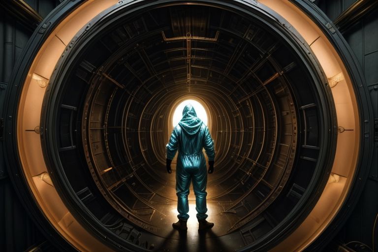 a portal back into 1903, the portal is built in Lawrence Livermore Labs, in a special chamber room monitored by a team of watching scientists.  A man in a hazmat suit approaches the surface of the time portal, where he can see the streets of New York circa 1903, amazing, captivating and amazing moment, 
highly detailed,