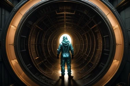 a portal back into 1903, the portal is built in Lawrence Livermore Labs, in a special chamber room monitored by a team of watching scientists. A man in a hazmat suit approaches the surface of the time portal, where he can see the streets of New York circa 1903, amazing, captivating and amazing moment,
highly detailed,