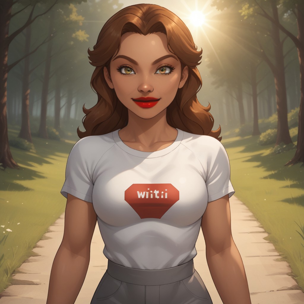 score_9, score_8, BREAK, solo, wii, mii, wii sports, 1girl, female mii, dark yellow eyes, black eyeshadow, auburn hair, red lips, lipstick, big lips, white clothing, gray pants, cute, nintendo mii, modern_mii, classic_mii, breasts, naomi_(\wii_sports\), sexy pose, smile, outdoors, sunlight, shadows, evening lighting, natural lighting, forest, trees, grass, orange sky, sunset