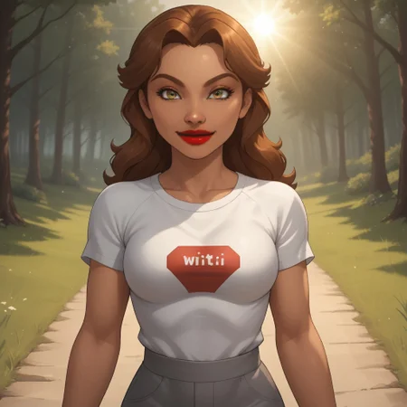 score_9, score_8, BREAK, solo, wii, mii, wii sports, 1girl, female mii, dark yellow eyes, black eyeshadow, auburn hair, red lips, lipstick, big lips, white clothing, gray pants, cute, nintendo mii, modern_mii, classic_mii, breasts, naomi_(\wii_sports\), sexy pose, smile, outdoors, sunlight, shadows, evening lighting, natural lighting, forest, trees, grass, orange sky, sunset