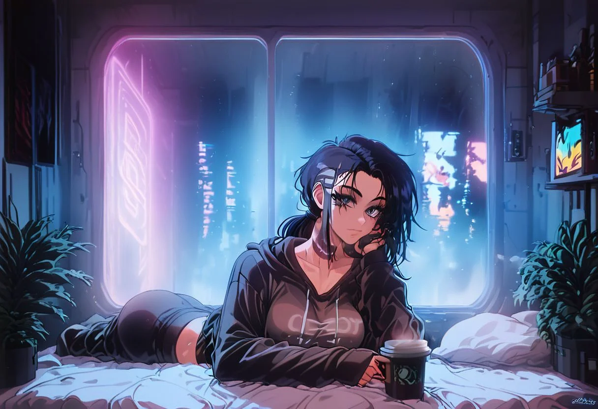 score_9,score_8_up,score_7_up,score_6_up, 1girl,
sitting in bed next to a large window, holding coffee cup, steaming coffee cup on windowsill, wearing croptop hoodie, black croptop hoodie, long hair, black hair, low ponytail hairstyle, pov from outside, view from putside the window looking into the room, looking out window, head resting on pillow laying on the bed, hoodie, plants on the windowsill, looking out the window, looking at viewer, background is the bedroom, tidy bedrrom, small room, cramped bedroom, teddies on the bed,, wearing legging, see through thights, black tights, cyberpunk city view out of the window, neon light, purple neon lights, has a vape