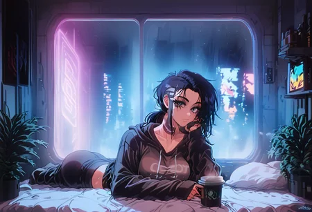 score_9,score_8_up,score_7_up,score_6_up, 1girl,
sitting in bed next to a large window, holding coffee cup, steaming coffee cup on windowsill, wearing croptop hoodie, black croptop hoodie, long hair, black hair, low ponytail hairstyle, pov from outside, view from putside the window looking into the room, looking out window, head resting on pillow laying on the bed, hoodie, plants on the windowsill, looking out the window, looking at viewer, background is the bedroom, tidy bedrrom, small room, cramped bedroom, teddies on the bed,, wearing legging, see through thights, black tights, cyberpunk city view out of the window, neon light, purple neon lights, has a vape
