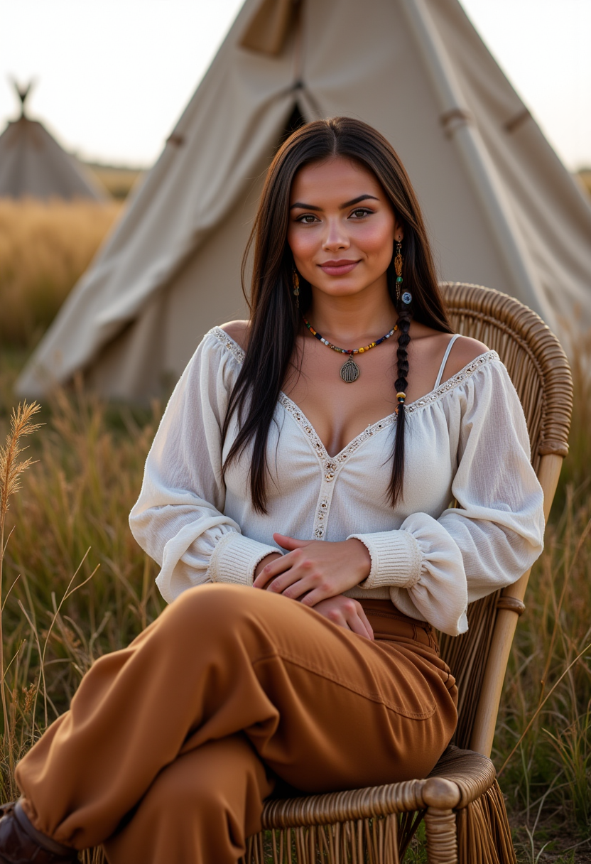 She is approximately 18 years old. Hyperrealism, she is looking at the camera, (dynamic angles), profile headshots of a beautiful, stunning unique female character.  she has braid dark hair. her eyes are filled with joy and excitement, extravagant eyelashes. a photo of Maid3n, she is wearing a white frilly shirt. and buckskin pants. The woman is posing confidently. a tipi and tall grass in the background. She has a slight smile on her face and is looking directly at the camera. making this image a masterpiece of photography and digital art. realistic. making this image a masterpiece of photography and digital art. Style: realistic hyper-detailed rendering, 32k UHD, expressive eyes, punk, graphic design, girl's face, pretty and cute, gleaming lips, telling a tale of adventure. Exuding confidence and serenity. The overall mood of the image is happy and relaxed,detailed skin texture,(blush:0.2),(goosebumps:0.3),subsurface scattering,whimsical,Detailed hand, Perfect hand. Perfection style. is posing in a chair. she is wearing brown leather boots. She is wearing a white shirt and brown buckskin pants. The scene is set outdoors, there is a tipi visible in the background. The photo is taken in a close-up shot, focusing on Maid3n legs and feet.. making this image a masterpiece of photography and digital art. realistic. making this image a masterpiece of photography and digital art. Style: realistic hyper-detailed rendering, 32k UHD, expressive eyes, punk, graphic design, girl's face, pretty and cute, gleaming lips, telling a tale of adventure. Exuding confidence and serenity. The overall mood of the image is happy and relaxed,detailed skin texture,(blush:0.2),(goosebumps:0.3),subsurface scattering,whimsical,Detailed hand, Perfect hand. Perfection style.